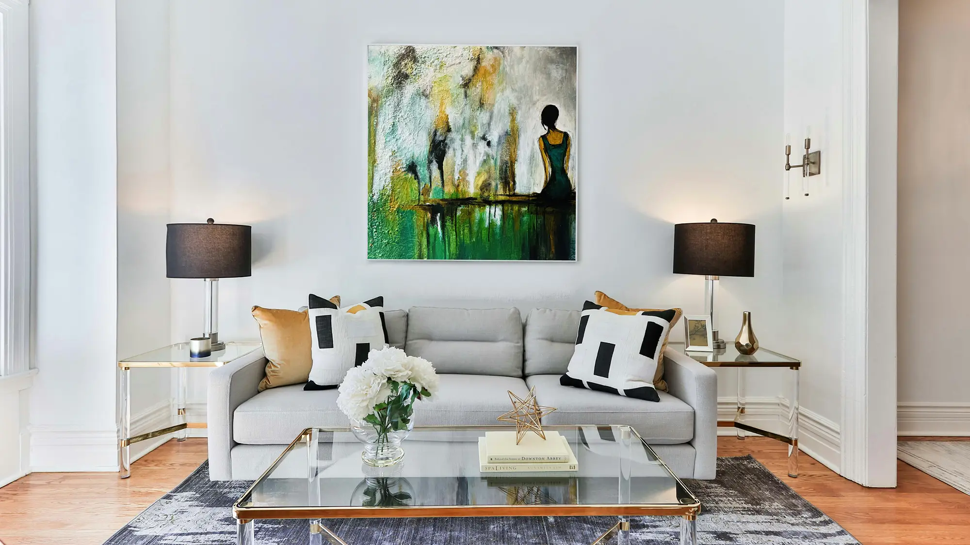 Fantasy World &mdash; abstract green and gold painting of a woman by water